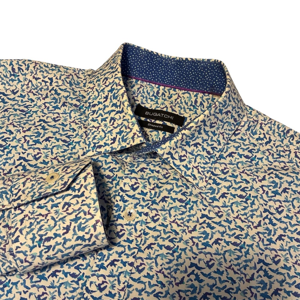 Bugatchi Mens Blue Shaped Fit Abstract Print Long Sleeve Button Down Shirt Large
